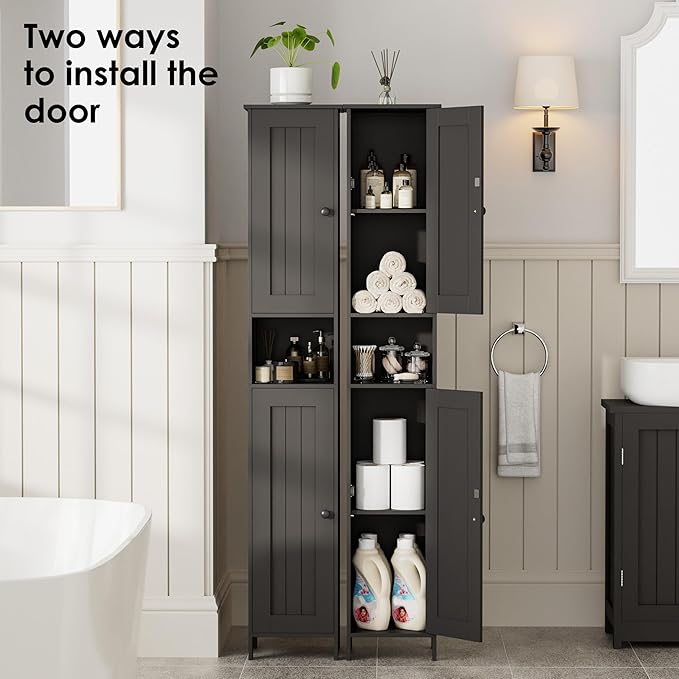 Homleke Tall Bathroom Storage Cabinet with 2 Doors, 67"H Narrow Storage Cabinet with Adjustable Shelves& Anti-Tip Design, Reversible Door Installation, Easy Assembly, 11.8 x 11.8 x 66.9 Inches, Black