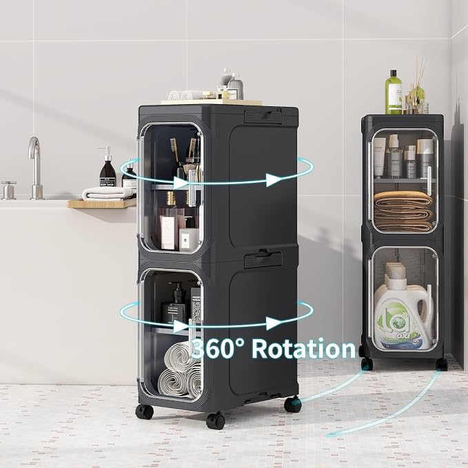2-Tiers Slim Bathroom Storage Cabinet, Foldable Storage Cabinets,Narrow Bathroom Storage,Movable Bathroom Storage Organizer for Small Spaces,Bathroom,Kitchen,Laundry, Black