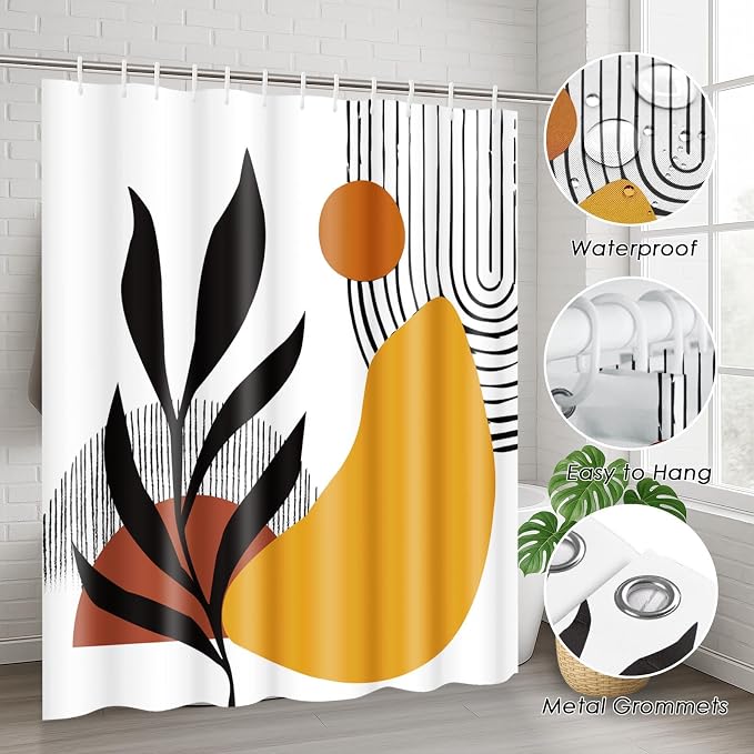 Boho Mid Century Shower Curtain Set with Toilet Lid Cover and Non-Slip Rugs, Botanical Wall Art 4 Pcs Shower Curtain, Minimalist Geometric Bathroom Set Decor with 12 Hooks