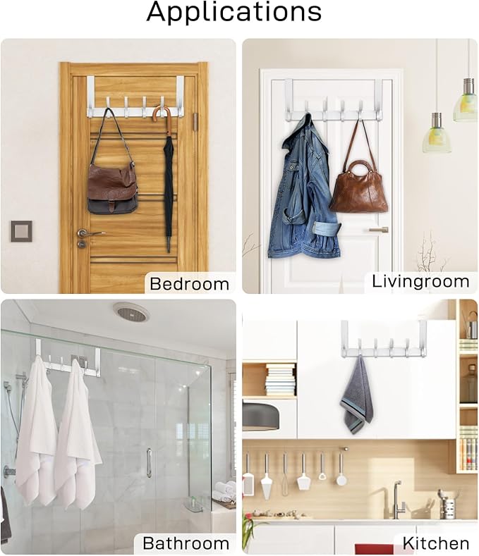 Optish Over The Door Hooks, Door Hanger Hooks for Hanging, Over The Doors Towel Racks for Bathroom with 10 Coat Hook, 2 Pack, Silver, Fit 1-3/4" Doors