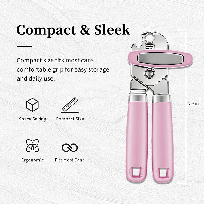 Can Opener Manual, Hand Heavy Duty Stainless Steel Bottle Opener Comfortable Handle, Sharp Blade Smooth Edge, Multifunctional Kitchen Tool, Pink