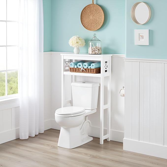 Derby Over-the-Toilet Storage Shelf – 44" Tall Modern Bathroom Space Saver with Open Shelves – Freestanding Organizer Rack for Toiletries & Towels by Alaterre Furniture (White)