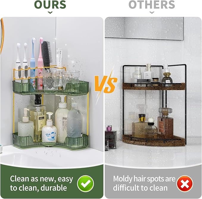 shuang qing Upgraded 2-Tier Corner Bathroom Countertop Organizer – Spacious Storage for Makeup, Skincare & Perfumes, Built-in Brush Holder Fits Vanity/Dresser/Bsthtub (Sage Green)