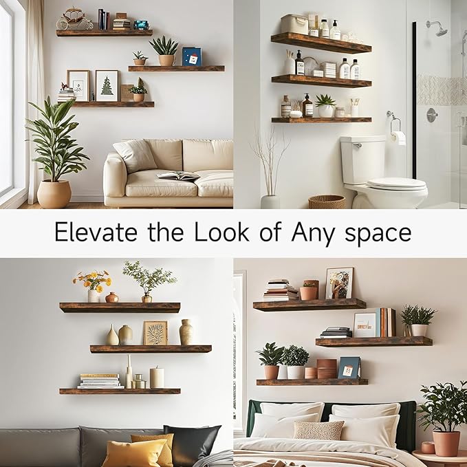 BAYKA Floating Shelves for Wall, Set of 3, 35.4 Inches Wall Mounted Wood Shelves for Bathroom, Bedroom, Living Room or Kitchen, Hanging Shelf for Books/Storage/Decor with 30lbs Capacity, Rustic Brown
