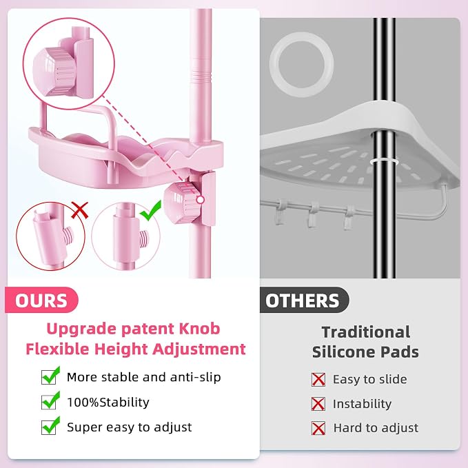 XLHOMO 32-122inch Corner Shower Caddy Tension Pole Pink, Rustproof Drill-Free Shower Shelves for Bathroom Bathtub Washbasin, Adjustable Shower Organizer with 4 Tier Patent Stable Shelves & Towel Bars