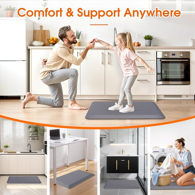 4/5 Inch Thicker Kitchen Mat, Cushioned Thick Floor Comfort Mat, with Non-Slip Bottom, Water & Stain Resistant, Easy Clean Standing Desk Mat for Kitchen, Sink, Office (17.3"x28"x0.8", Grey)