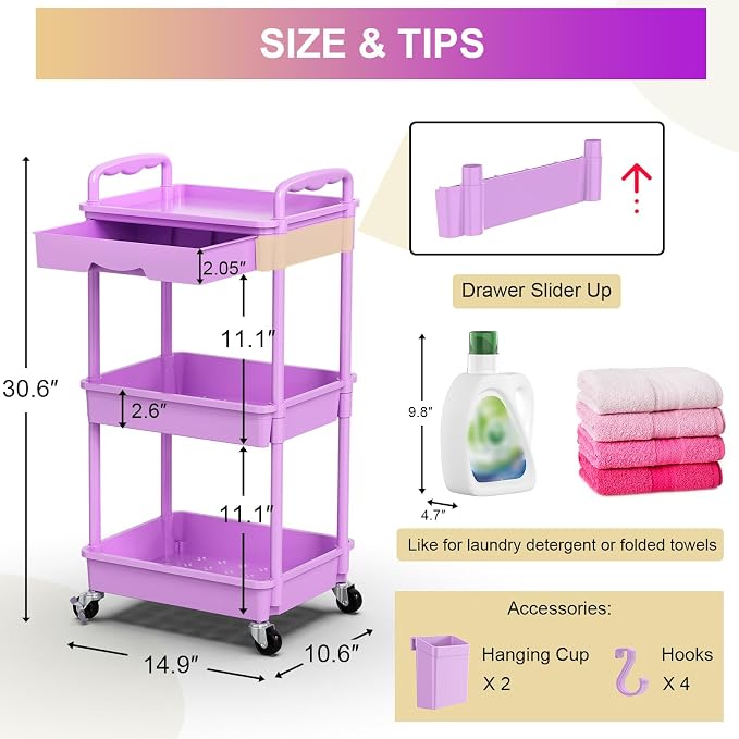 Goovilla 3 Tier Rolling Utility Cart Organizer with Removable Drawer, Stable and Sturdy Purple Rolling Storage Carts with 2 Lockable Wheels for Bathroom, Kitchen, Snack, Craft, Makeup, Baby Essentials