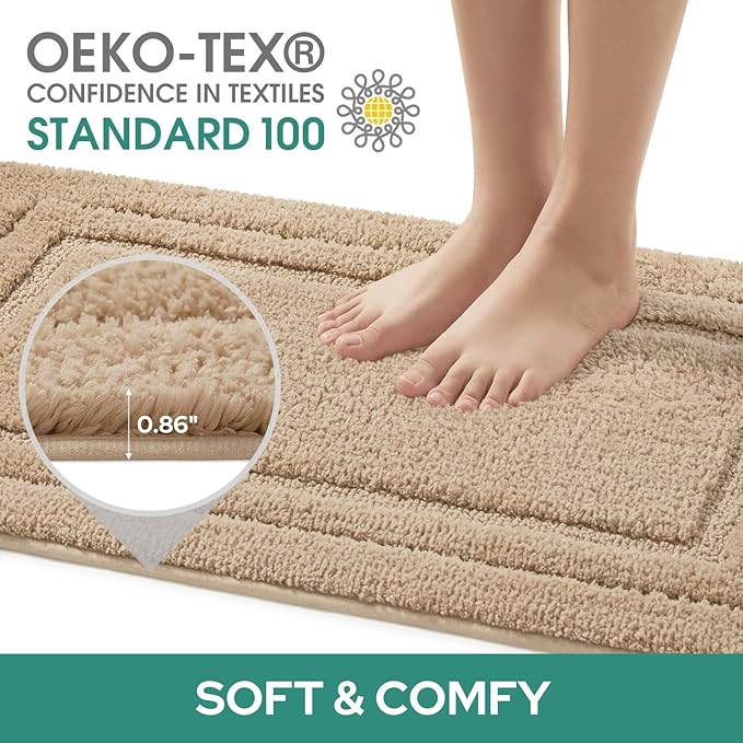 HOMEIDEAS Bathroom Rugs Sets 2 Piece, Super Soft and Absorbent Non Slip Microfiber U-Shaped Toilet Bath Mat Set (20"x32"+U20 x24, Khaki)