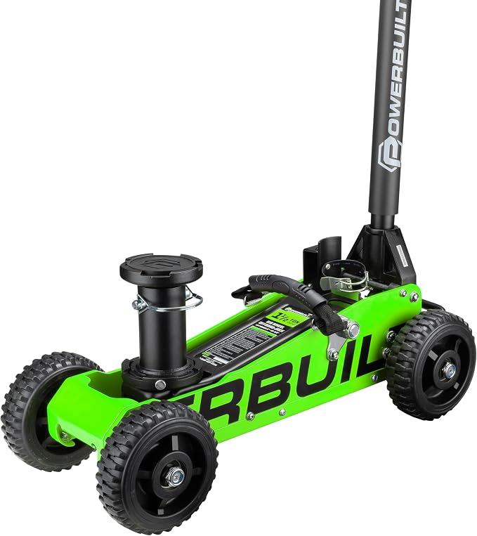 Powerbuilt 1.5 Ton Big Wheel Off Road Jack, Vehicle Lift for Trucks, SUVs, ATVs Offroad Vehicles, Oversized Wheels for Rugged Terrain, 3000 LB Capacity, Green 620628ECE