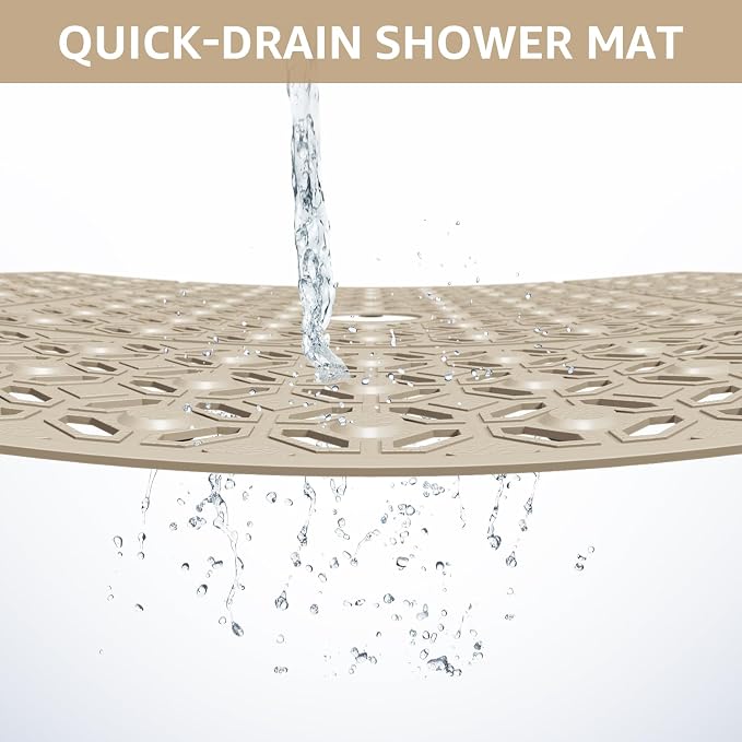 OTHWAY Square Shower Mat, 27"x 27" Extra Large Shower Mats for Inside Shower, TPE Anti Slip Shower Mat with Suction Cups Drain Holes, Machine Washable Shower Floor Mat (Brown)