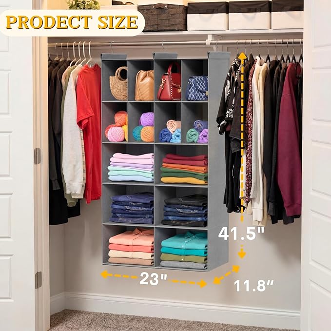 Ofiray-home 5 Tier Hanging Closet Organizer, 14 Compartments Sweater Organizer for Closet with 3 Sturdy Hooks, Closet Organizers and Storage, Wardrobe, Rv, Garment Rack, Grey