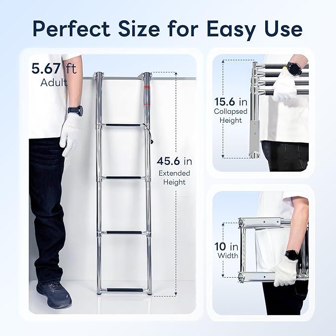 Boat Ladder,Stainless Steel Telescoping Folding Heavy Duty Pontoon Swim Boarding Ladder for Outboards,Yacht,Marine Fishing Boat
