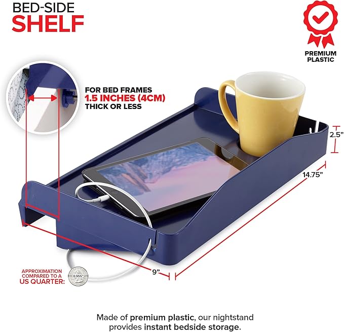 Modern Innovations Bedside Shelf for Bed, College Dorm Room, Bunk Bed Shelf for Top Bunk, Clip On Nightstand Tray with Cord and Cup Holder, Bunkbed Caddy for Table Storage (Navy)