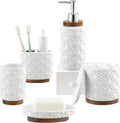 RQYIXI Elegant 5 PCS Ceramic&Wood Bathroom Accessories Set:Soap Dispenser,Toothbrush Holder,Tumbler,Soap Dish,Cotton Swab Jar,Easy to Clean,Quatrefoil Pattern,White-Affordable Home Luxury