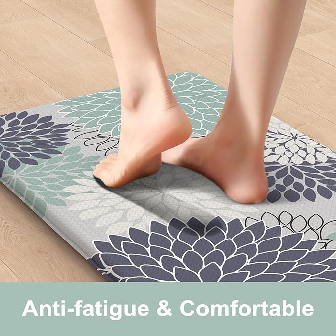 Anti Fatigue Kitchen Mats,Non Slip Boho Dahlia Kitchen Rugs Sets 2 Piece,Waterproof Farmhouse Kitchen Mat for Floor,Cushioned Standing Mat for Office,Laundry,Sink,Desk,Mutil-Cyan