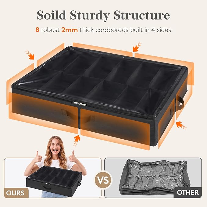Lifewit Under Bed Shoe Storage Organizer 2 Pack(12 Shoes Cells), 4.3 Inches Profile Fabric Shoes Container Box with Clear Cover, Foldable Storage Bag with 2 Handles, Fits 12 to 24 Pairs