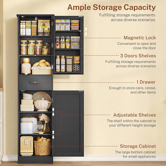 TEENFON Tall Storage Cabinet with 3 Door Shelves & 1 Drawer, Narrow Kitchen Pantry Cabinet for Living Room, Bathroom, Entryway, Black