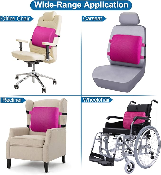 Lumbar Pillow for Chair and Car, Back Support for Office, Memory Foam Cushion with Mesh Cover - Pink