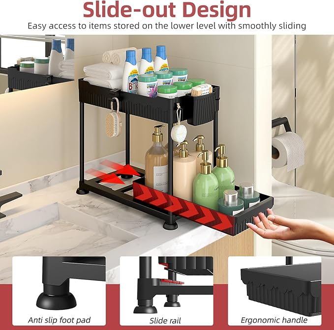 Sevenblue 4 Pack Under Sink Organizer, Bathroom Organizers and Storage, 2 Tier Multi-Use Pull Out Cabinet Organizer with Hang Hooks and Cups (Black, 4 Pack)