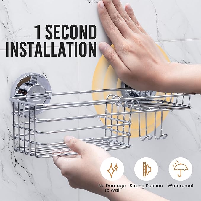 LEVERLOC Shower Caddy Suction Cup Shower Shelves Shower Holder，Silver