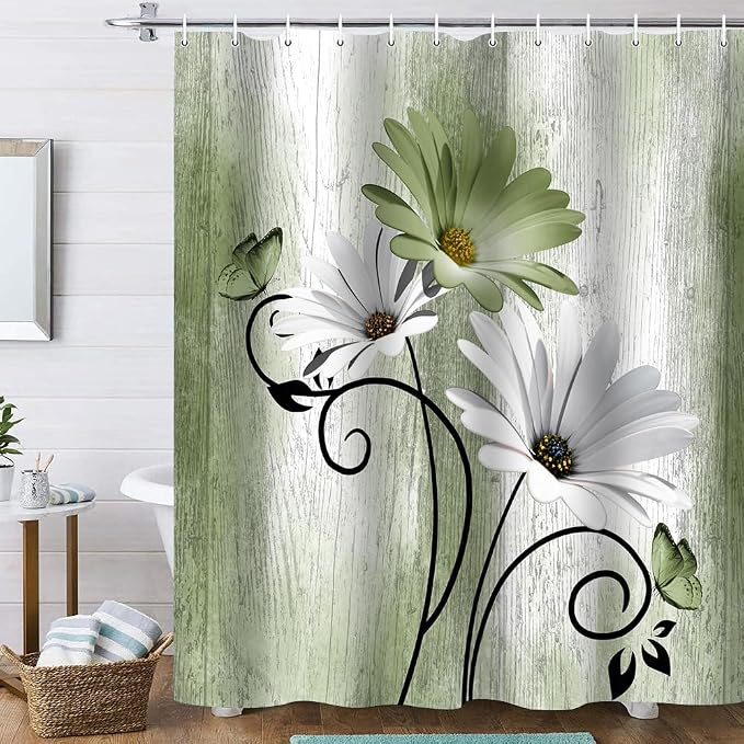 Onalasyc 4PCS Grass Green Daisy Flowers Butterfly Shower Curtain Set with Shower Curtain and Carpet and Accessories, Waterproof Bathroom Shower Curtain Decorative Set with 12 pcs Hooks,71 x 71in