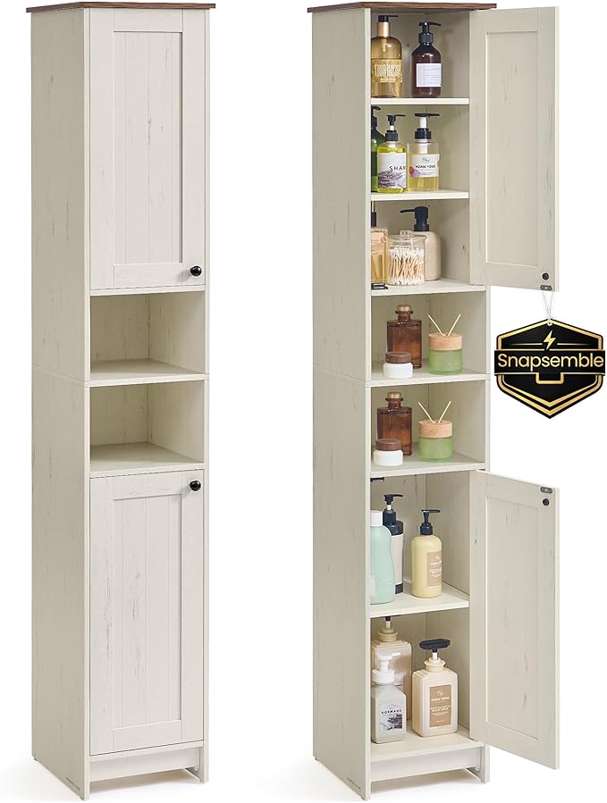 SONGMICS HOME 67-Inch Tall Bathroom Storage Cabinet, Superfast Toolless Assembly, 11.8-Inch Wide Slim Narrow Freestanding Cabinet with Adjustable Shelves, Kitchen Living Room, Rustic White