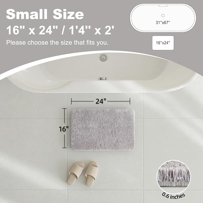 TYUU Bathroom Rugs Non Slip Washable, Ultra Soft Super Absorbent Quick Dry Small Bath Mat with Rubber Backing for Bathroom Floor, Shower, or Sink, Light Grey 16" x 24"