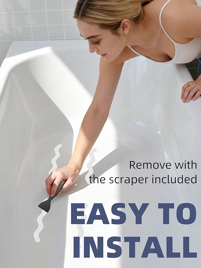 Secopad Patented Anti Slip Shower Stickers, 24PCS Adhesive Decals Safety Strips with Scraper for Bath Tub, Shower Floor, Stairs, White, 0.8"*8"