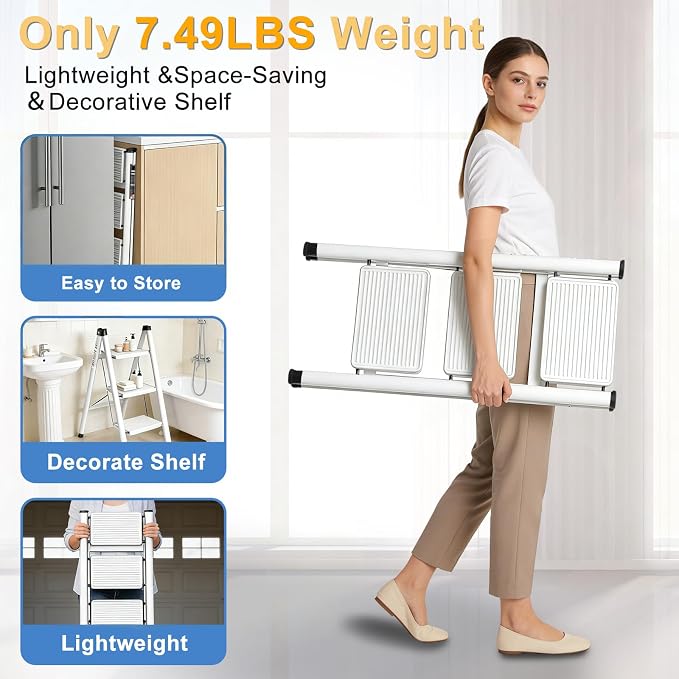 3 Step Ladder Folding Step Stool with 500LBS Capacity Sturdy Carbon Steel Frame Anti-Slip Thick Pedal & Feet Portable for Home Kitchen Garage (white-3step)
