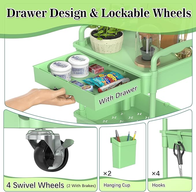 SUNALLY 4 Tier Rolling Utility Cart with Drawer, Storage Organizer Cart with 2 Lockable Wheels, Multifunctional Rolling Storage Cart for Bathroom, Kitchen, Craft, Makeup, Baby Essentials, Green