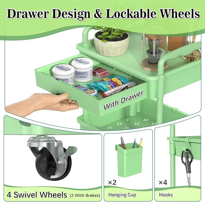 SUNALLY 3-Tier Rolling Cart with Drawer & Lockable Wheels, Bathroom Storage Organizer Multifunctional Rolling Storage Cart for Bathroom, Kitchen, Office, Craft, Makeup, Baby Essentials, Green