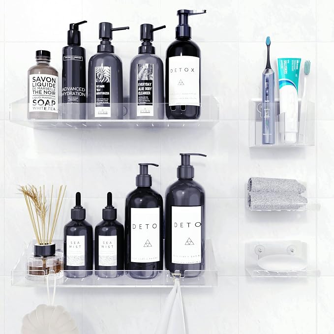 Bakzon Adhesive Shower Caddy, 5 Pack Acrylic Shower Shelves Bath Organizers With Large Capacity, No Drilling Shelves for Bathroom Storage