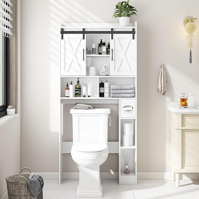 Vabches Over The Toilet Storage Cabinet, Farmhouse Storage Cabinet Over Toilet with Sliding Doors，Home Space-Saving Toilet Rack, for Bathroom, Restroom, Laundry