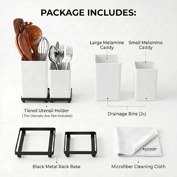 ECOIOU Tiered Counter Utensil Holder Set with 6.5" & 4.7" Removable Drainage Bins, Dual Kitchen Utensil Crock for Cooking Dining Utensils & Spatulas, White