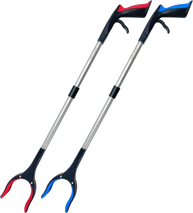 Reacher Grabber Tool 32 Inch 2-Pack, Foldable Trash Picker Grabber, Trash Gripper, Garden Nabber, Litter Picker, Extended Grabber（Red/Blue)