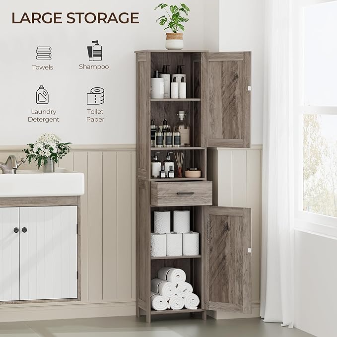 Homhedy 67" H Tall Bathroom Storage Cabinet with 2 Barn Doors and 1 Drawer, Narrow Storage Unit, Adjustable Shelves, Floor Cabinet for Bathroom, Living Room, Entryway, Kitchen, Greige, (15.7" W)