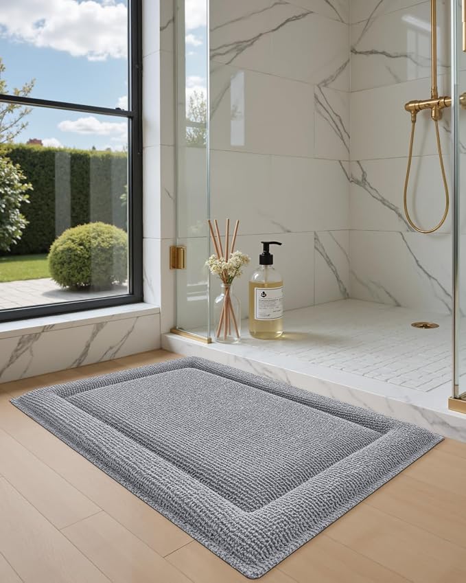 DEXI Memory Foam Bath Mat 32x20, Soft Absorbent Chenille Bathroom Rug, Non Slip Quick Dry Bath Mats for Bathroom, Thick Plush Floor Carpet for Tub Shower, Sink, Light Grey