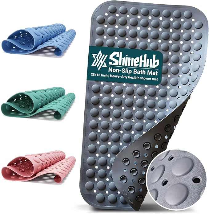 Non Slip TPE Bath Mat, Heavy Non Floating Shower Mat, 28x16, Gray | Strong grip, 166 suctions, 144 drains, 7mm extra-thick cushioned layer, washable, for bathroom shower tub floor