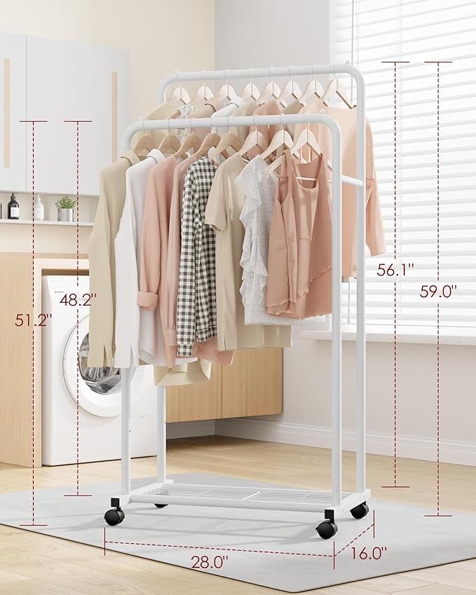 Sakugi Clothes Rack - Clothing Rack with Storage Mesh Shelf & Casters, Heavy-Duty Metal Clothing Rack for Hanging Clothes, Dresses, Coats, Large Load Capacity, Easy Assembly, White, 28.0"x16.0"x59.0"