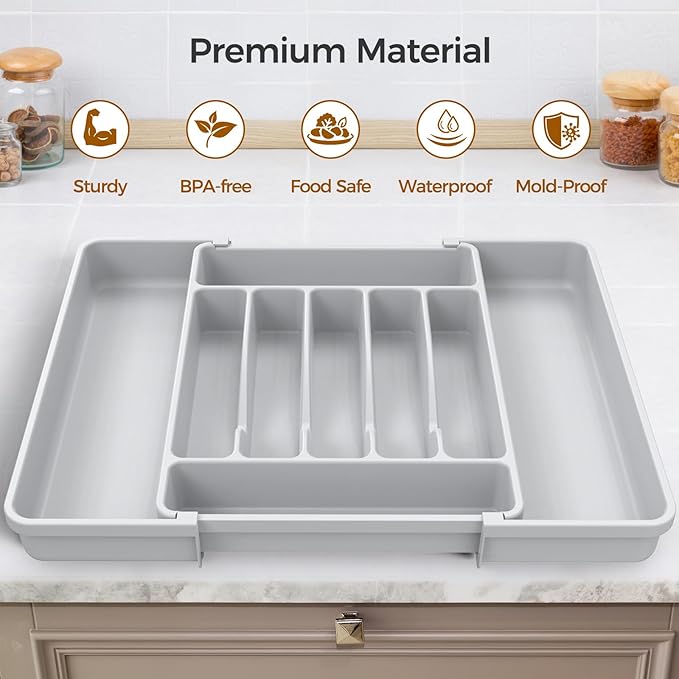 ukeetap Extra Large Expandable Silverware Organizer, BPA-Free Food-Safe Cutlery Flatware Organizer, Kitchen Utensil Drawer Organizer, Adjustable Silverware Holder for Spoons Forks Knives, Gray
