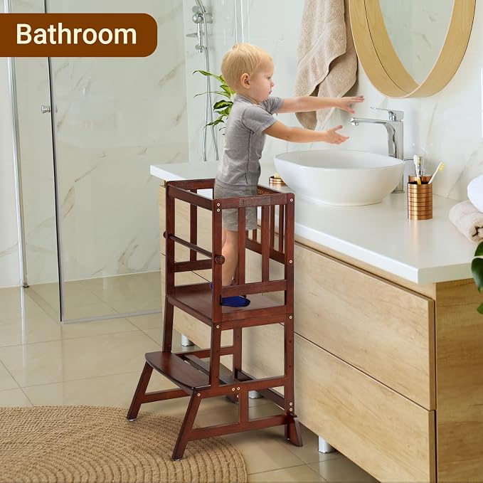 COSYLAND Toddler Standing Tower - Adjustable Height Toddler Kitchen Stool Helper - Kids Kitchen Step Stool for Learning with Removable Safety Railing Brown