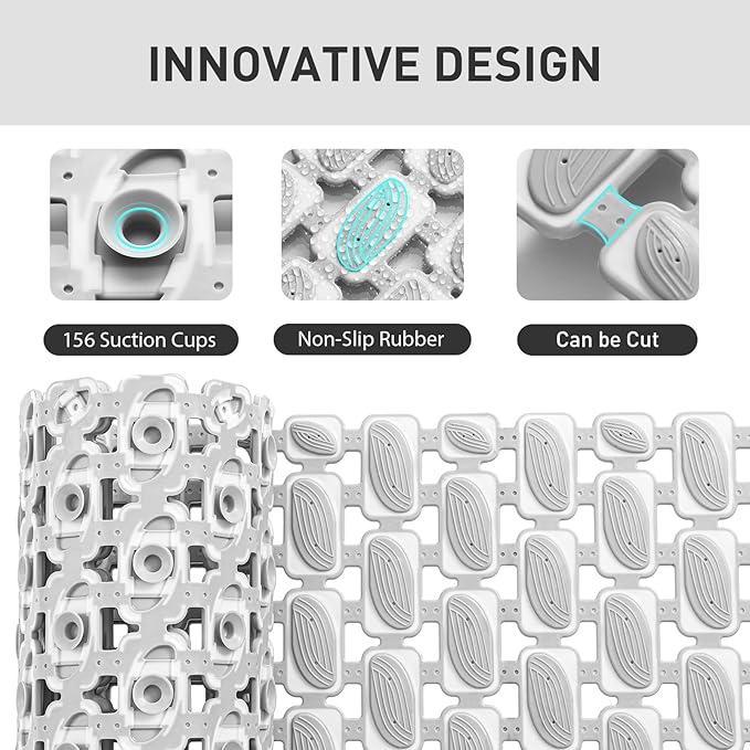 XIYUNTE Shower Mat Non Slip Bathtub Mat - 36 x 16Inches Soft Rubber Bath Mat for Tub Non Slip Bath Mat with Suction Cups and Drain Holes, Easy to Clean, Easy to Cut, Eco-Friendly, Grey