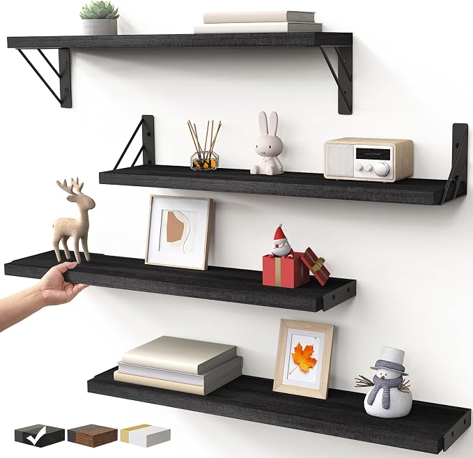 BAYKA Wall Mounted Floating Shelves, Wood Floating Wall Shelf for Books & Decor, Small Space-Saving Display & Organizer（Black，23in，Set of 4）