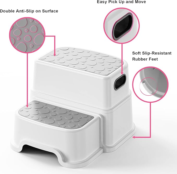 UNCLE WU Toddler Step Stool for Potty Training, Bathroom Sink & Toilet - 2 Step Kids Poop Stool, Non-Slip Step Stool with Handles, Dual Height Stepping Stool for Kitchen Counter (Include 2 Ducks)