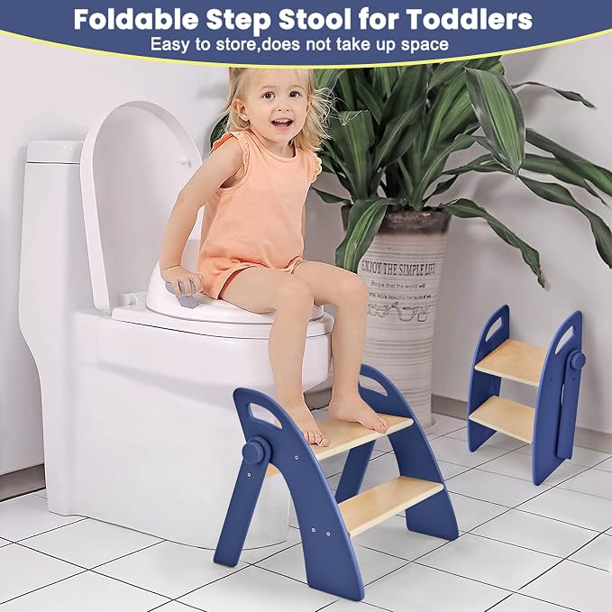Step Stool for Toddlers, Foldable Wooden 2 Step Stool, Toddler Step Stool for Bathroom Sink & Potty Training, Kitchen Helper with Handles and Non-Slip Pads