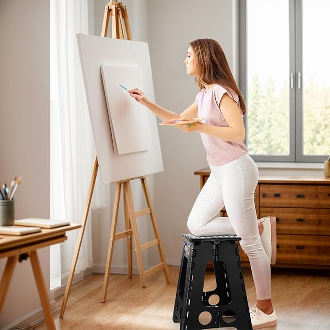 ACKO Folding Step Stool Foldable 16 Inch 400 lbs Capacity, Plastic Stools for Adults and Kids, Collapsible Stools for Kitchen, Stepping Stool with Handle, Black,1 PC