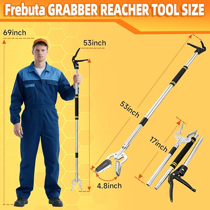 Heavy Duty Reacher Grabber Pickup Tool,53inch Extra Long Fireplace Fits Grabber Reacher Tool Aluminum Alloy Trash Picker Wide Jaws Hollow Wood Grabber Tool Log BBQ Tongs Study Durable Handle