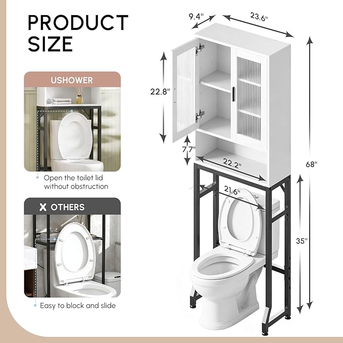 USHOWER Over The Toilet Storage Cabinet, Bathroom Organizer with Tempered Glass Doors, Thicken Metal Stand & MDF Wood, Freestanding Space Saver, White