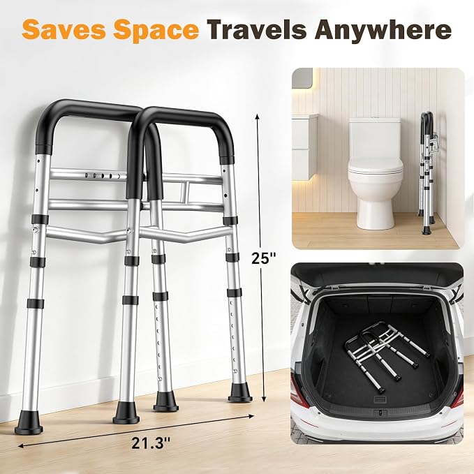 Toilet Safety Rails for Seniors, Adjustable Height & Width Toilet Safety Frame with Handles (350LB Capacity), Elderly Assistance Products for Handicapped, Foldable Toilet Bars Fits Any Toilet