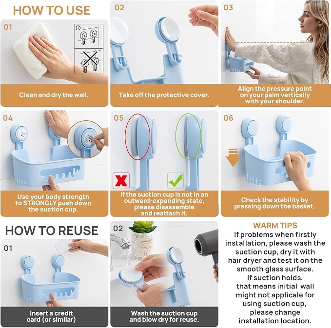 LEVERLOC Shower Caddy Suction Cup Set Shower Organizer & Soap Holder & Toothbrush Holder, Bathroom Shelf Basket NO-Drilling, Removable Suction Storage Waterproof Bathroom Holder, Blue